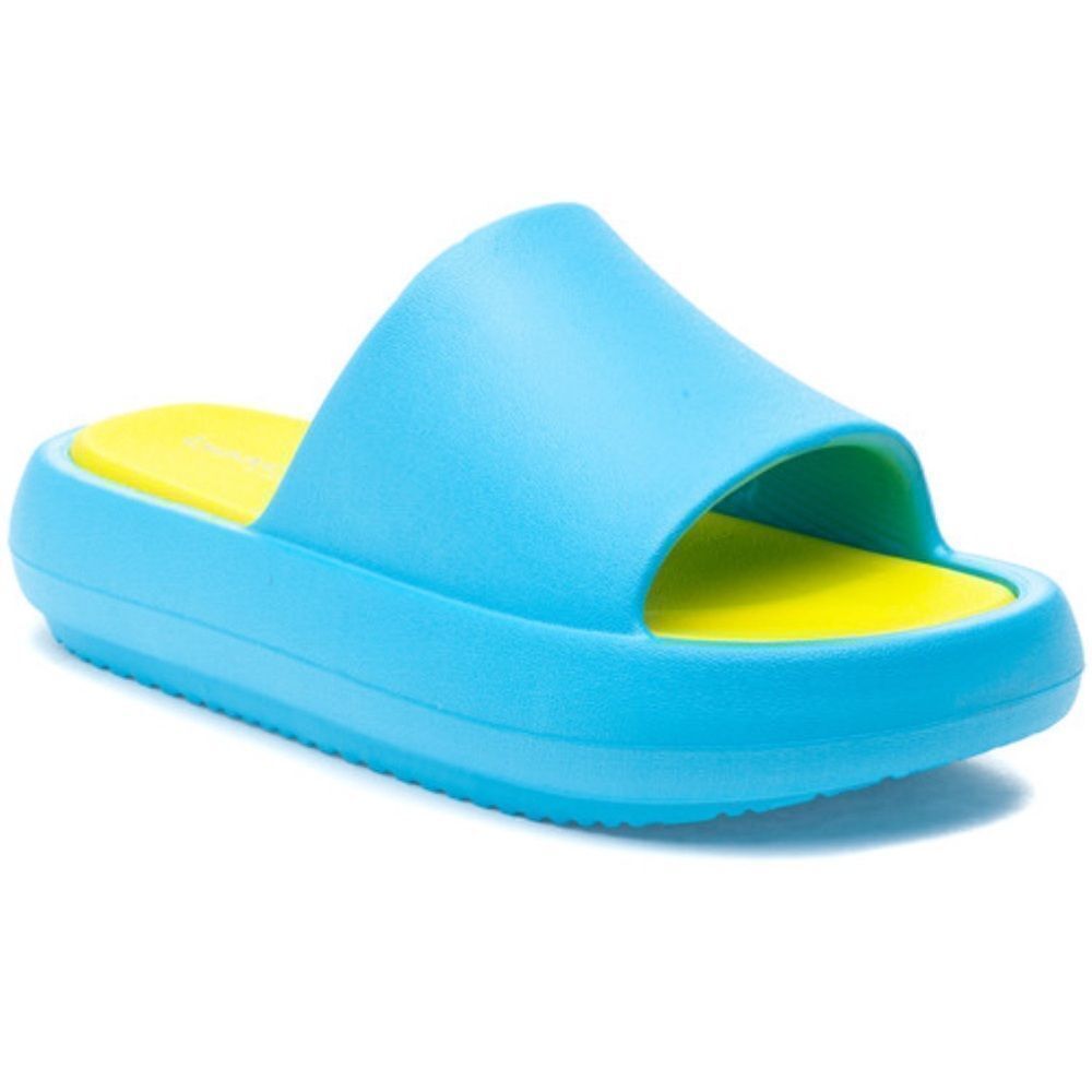 NIB New J/Slides NY SQUISH Turquoise/Yellow EVA Slip On Slide Sandal Sz 7 Beach
